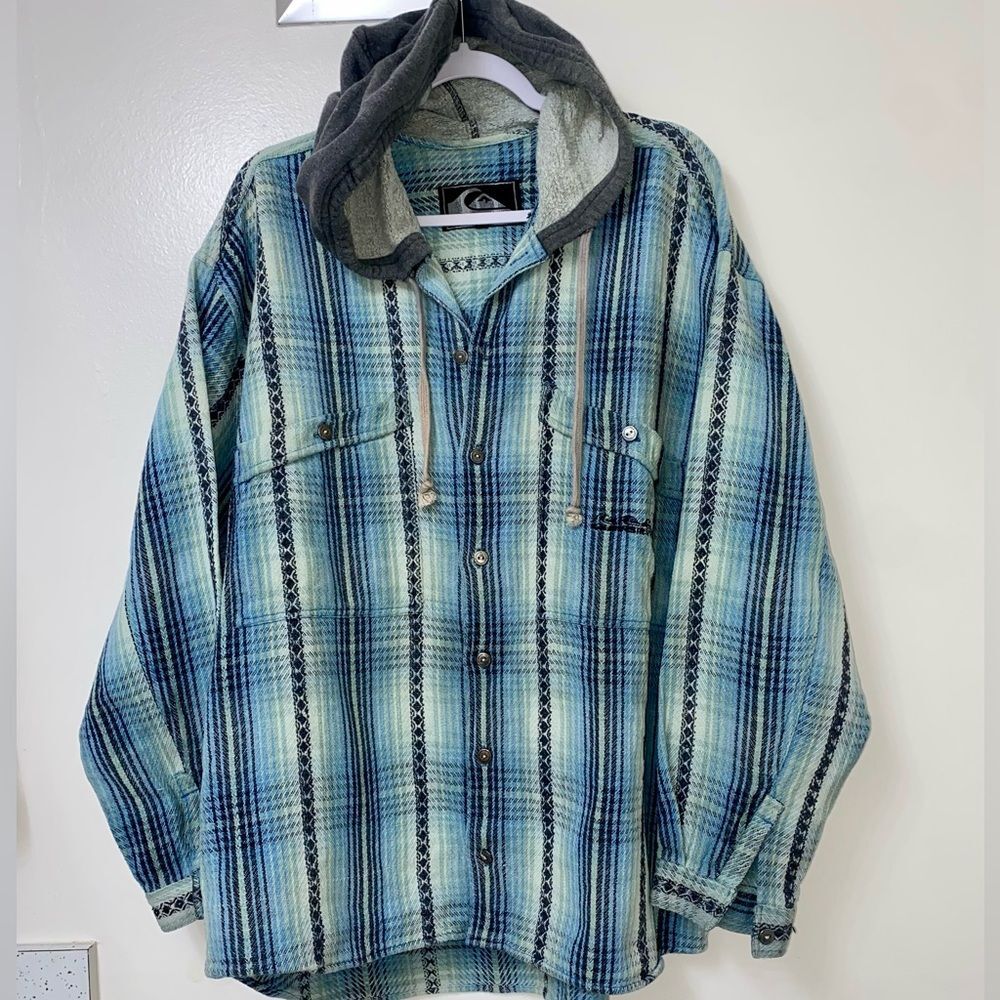 Quiksilver Blue Plaid Shirt Jacket with Hoodie in 100% Heavyweight Cotton Large